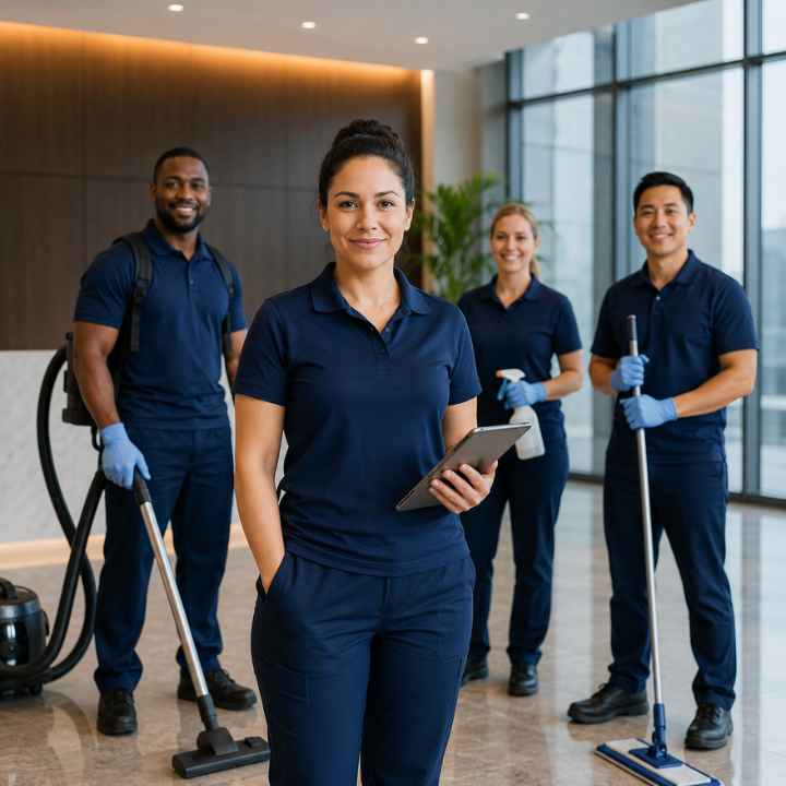 Commercial cleaning professionals during structured training