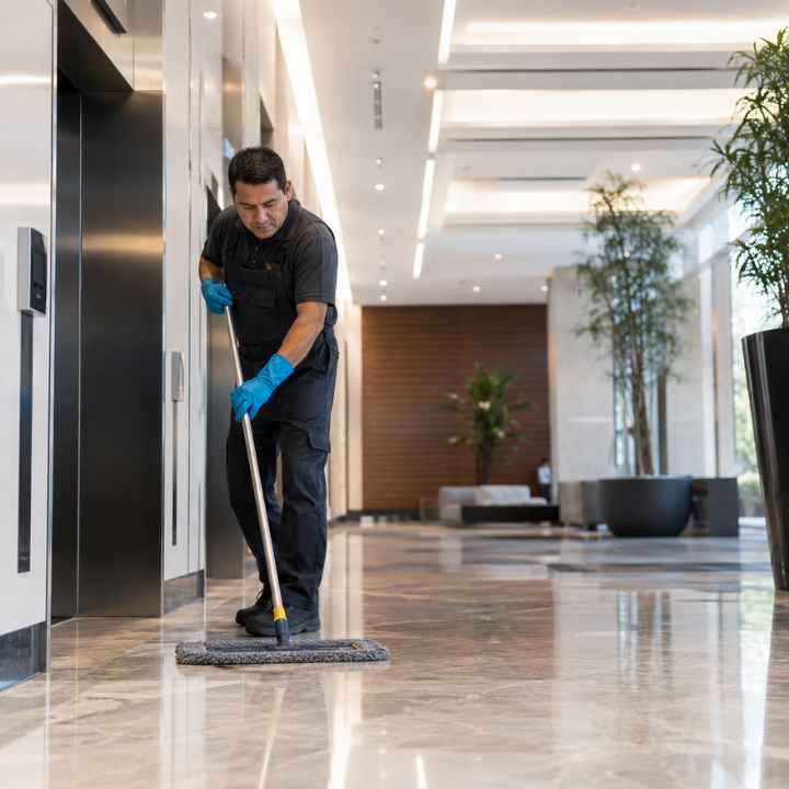 Professional janitorial team in uniform working in a corporate corridor