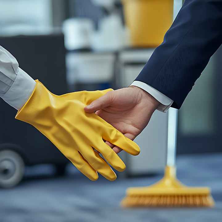 Uniformed commercial cleaning team with professional equipment