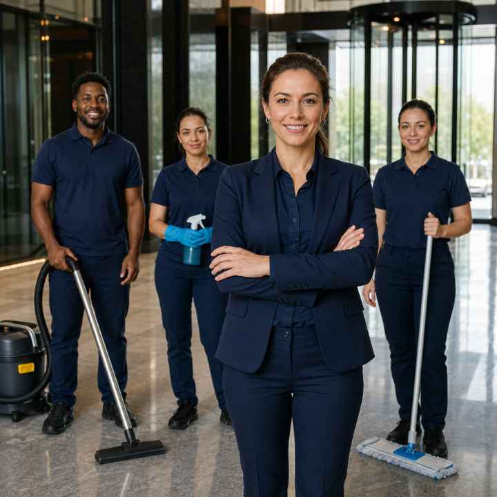 Uniformed Brazilian Janitorial Service team member working in a commercial lobby