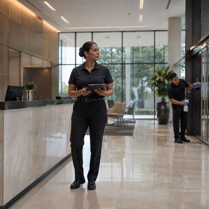 Professional janitorial team maintaining a clean corporate environment